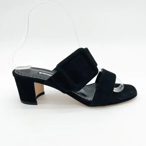 Manolo Blahnik Titubanew Black Suede Open Toe Buckle Mule Sandals Heels IT 36.5 - Picture 3 of 11